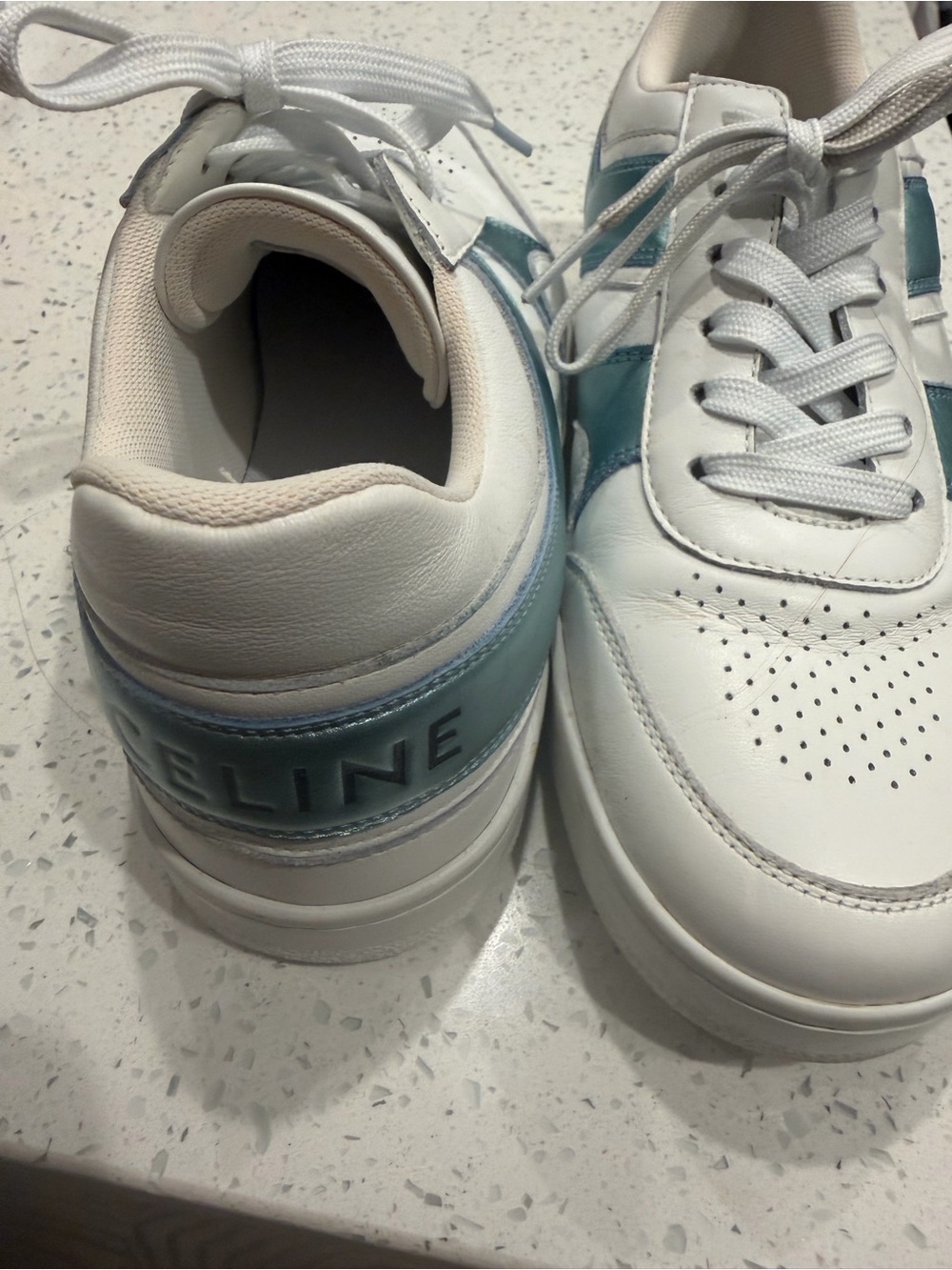 Celine White Leather Sneakers with Metallic Light Blue Detailing - Picture 4 of 8